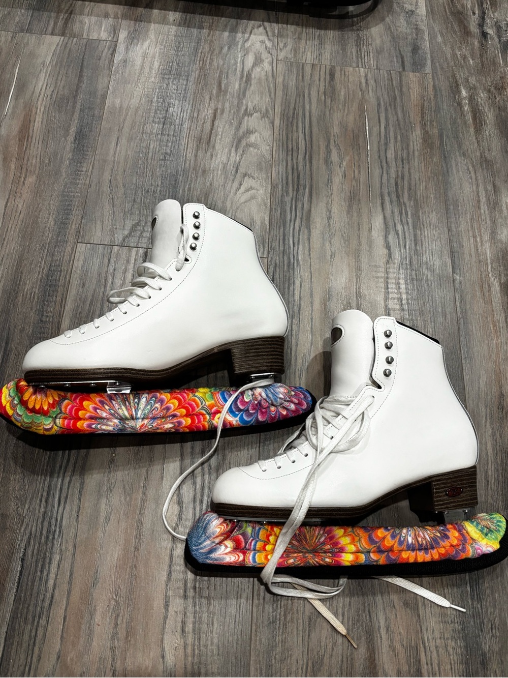White Women's Figure Ice Skates with Colorful Blade Covers